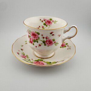Avon England Fine Bone China Tea Cup & Saucer Set Pink Roses Footed Vintage 1974